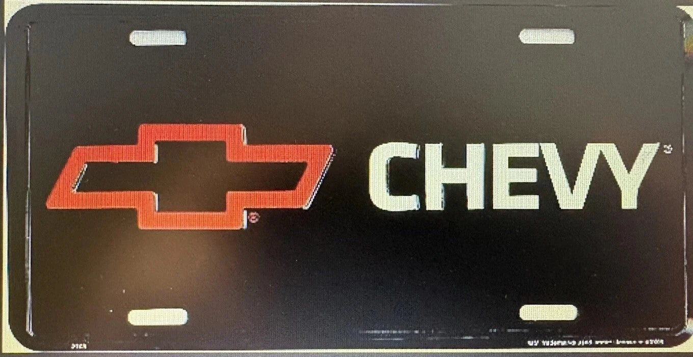 Chevy Bowtie License Plate Black Embossed Aluminum Metal Tag Made In USA