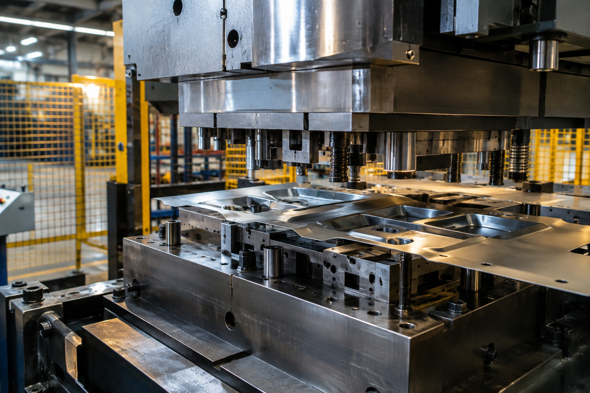 Metal stamping press shaping a steel component